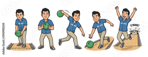 Illustrated cartoon sequence of a man bowling, showing the step-by-step process from aiming and throwing the ball to celebrating a successful strike with all pins knocked down