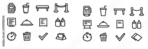 A collection of minimalist black line icons for restaurant and food