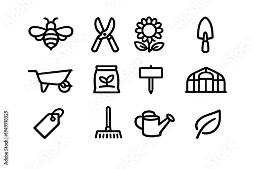 A collection of twelve minimalist black line icons representing