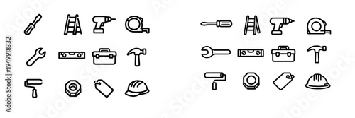 This set of minimalist black line icons features essential