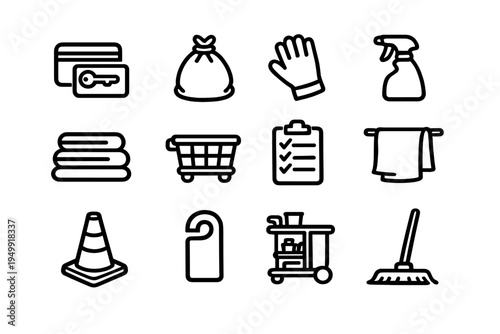 A collection of twelve minimalist black line icons representing