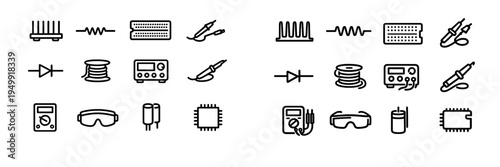 A collection of minimalist line icons representing electronic