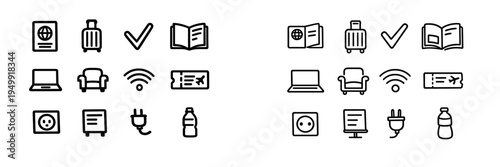 A collection of travel and airport lounge icons in a simple black