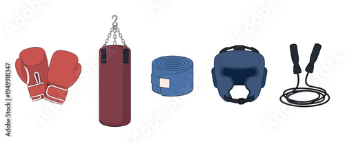 Set of boxing training equipment including red gloves, a punching bag, blue hand wrap, headgear, and a jump rope in a flat vector illustration style for combat sports