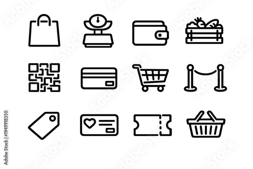 A collection of twelve minimalist line icons representing various