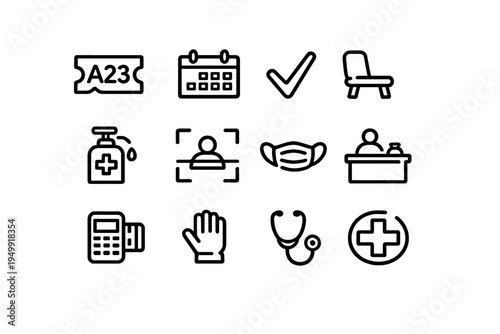 A collection of twelve minimalist black line icons representing
