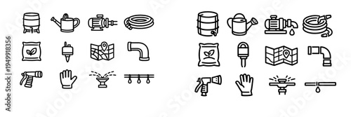 A collection of black and white line icons for garden irrigation and