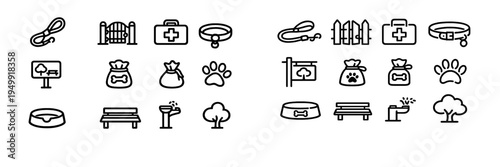 A collection of black and white line icons representing dog park