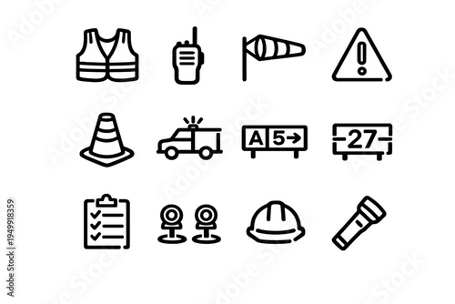 A collection of twelve minimalist black line icons representing