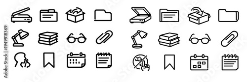 A set of minimalist black line icons representing office and library