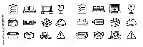 A comprehensive set of black and white line icons for logistics and