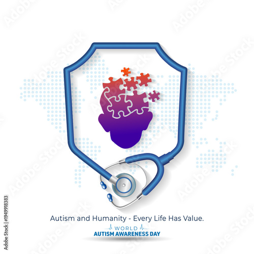 Human puzzle brain or Autism Spectrum Disorder with doctor, medical, stethoscope in shield shape vector illustration. World Autism Awareness Day and promotional advertising concept design.