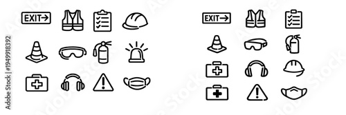 A collection of safety and construction line icons featuring an exit