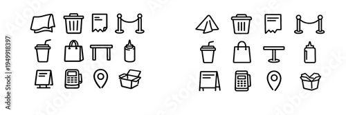 A collection of minimalist black line icons for food service and