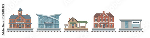 Collection of five different train station buildings showing various architectural styles from classic brick to modern glass, presented as a flat vector illustration set