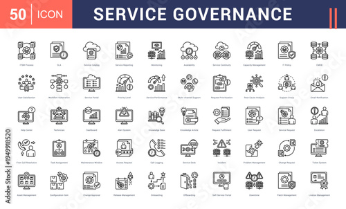 Service Governance Icon Set. itsm process, sla, service catalog, service reporting, monitoring and more. Line Style vector icons collection.