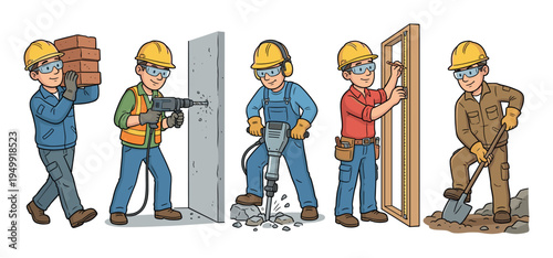 Set of five cartoon construction workers performing various building tasks, including carrying bricks, drilling, demolition with a jackhammer, measuring a frame, and digging