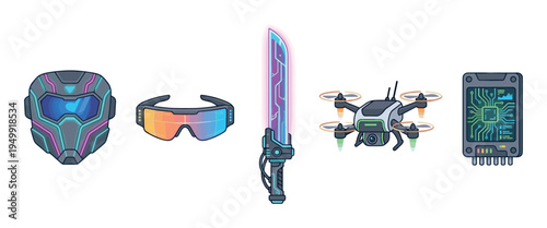 Set of futuristic cyberpunk technology icons including a high-tech helmet, glowing energy sword, quadcopter drone, visor glasses, and a microchip in a modern cartoon style