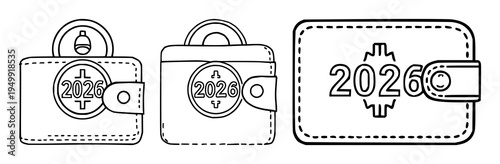 Digital wallet icon set with clean vector style featuring wallet shape, numeric token 2026, cryptocurrency badge, fintech branding with white background and sharp outline