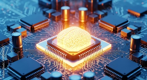 Futuristic artificial intelligence microchip with glowing brain concept illustrating advanced technology and machine learning innovation