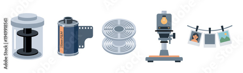 Set of analog photography equipment icons including a 35mm film roll, developing tank, spiral reel, darkroom enlarger, and hanging photos in a flat vector style