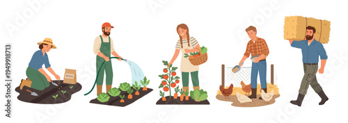Set of farmer characters working on a farm, planting seeds, watering vegetables, harvesting crops, feeding chickens, and carrying a hay bale in a flat cartoon vector style