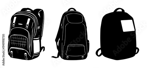Solar-powered backpack set with solid black fill on white background featuring solar panel, backpack, tech with nomadic lifestyle and sustainability