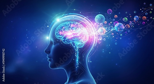 Futuristic digital illustration of a human brain with glowing neural networks and creative energy bubbles