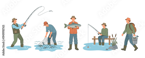 Fisherman character set showing various fishing activities, including casting a rod, using a net, holding a large salmon, sitting on a pier, and walking with a bucket