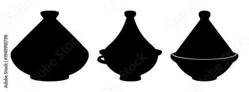 Tagine pot set with solid black silhouette showing bold smooth curves featuring North African heritage, culinary icon, black line art with simple illustration and monochrome