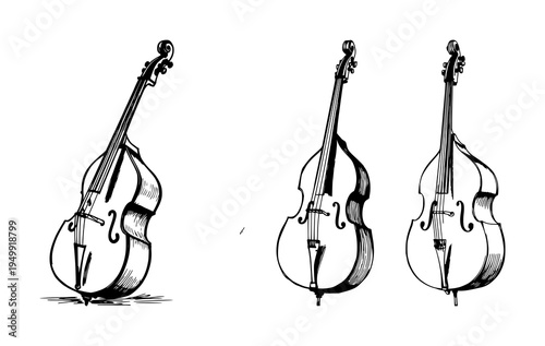 Double bass set with sketchbook style drawing featuring upright double bass, black ink pen, artistic textures with illustration and black and white