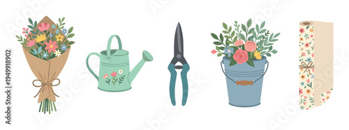 Gardening and floristry tools and accessories set with a bouquet, watering can, pruners, bucket of flowers, and wrapping paper in a charming flat illustration style