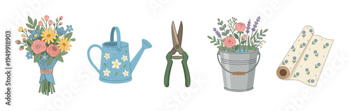 Charming illustrated set of gardening and floral arrangement items including a bouquet, watering can, shears, bucket of flowers, and wrapping paper in a cute, vintage style