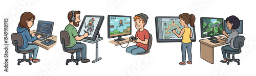 Five cartoon game developers illustrating the production pipeline from programming and art to level design and quality assurance testing in a collaborative studio environment