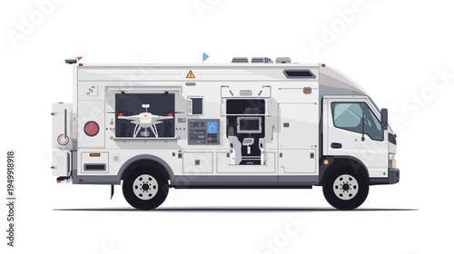 White mobile command center vehicle side view.