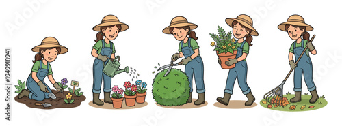 Set of five cartoon illustrations of a female gardener in overalls and a hat performing various tasks like planting, watering, pruning, carrying a pot, and raking leaves