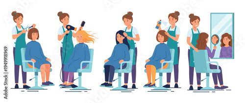 Collection of hair salon scenes illustrating the hairdressing process with a stylist cutting, blow-drying, brushing, and styling various female clients in a flat design style