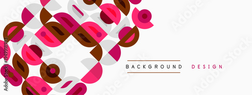 Abstract geometric pattern. Overlapping squares, circles, rectangles create modern design. Soft colors, pinks, browns, grays dominate composition.