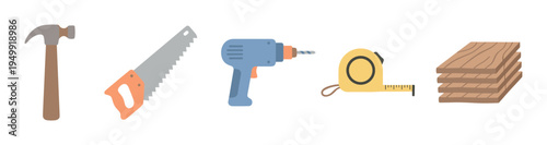 Set of colorful cartoon carpentry tools including a hammer, saw, drill, tape measure, and wood planks for a DIY home improvement project, presented as a flat vector illustration