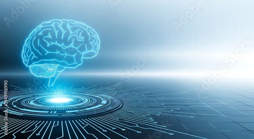 Futuristic glowing brain with digital circuit technology illustration representing artificial intelligence and advanced neuroscience concepts