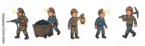 Set of cartoon coal miner characters in various poses, working with tools like a pickaxe, drill, lantern, and pushing a cart full of coal in a friendly illustration style