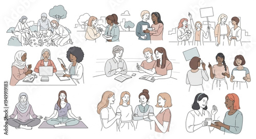 Diverse group of women collaborating and interacting in various settings.