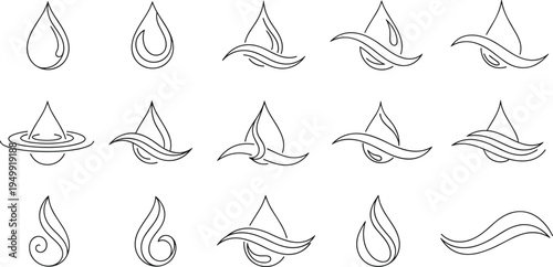 Water Drop and Wave Line Icon Set Featuring Abstract Liquid Shapes, Splash Symbols, and Fluid Motion Elements for Eco, Nature, and Aqua Design