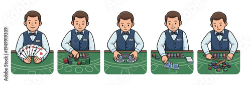 Casino croupier character shown in five sequential cartoon illustrations demonstrating the process of dealing cards, shuffling the deck, and raking in chips at a green gaming table