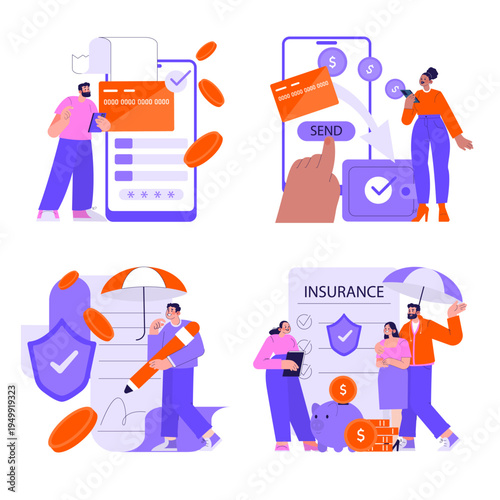 Financial Services and Insurance Vector Illustration Set