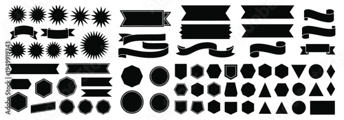 Black silhouette design element collection, featuring banners, labels, and geometric shapes, versatile vector icons for creative