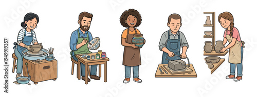 Set of illustrations of people making pottery, showing various stages of the creative process from cutting clay and shaping on a wheel to painting and displaying finished ceramics