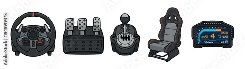 Set of cartoon sim racing equipment including a steering wheel, pedals, shifter, bucket seat, and digital dashboard display for a complete virtual driving gaming setup