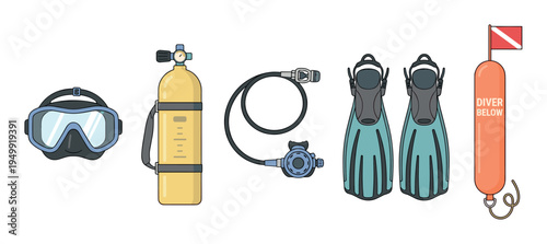 Set of scuba diving equipment including a mask, tank, regulator, fins, and marker buoy is arranged in a row in a flat illustration style for recreational underwater activities
