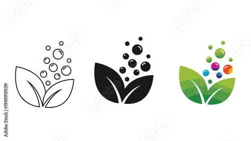 Set of organic leaf logos with floating bubbles in outline, black, and colorful designs for eco-friendly product branding.